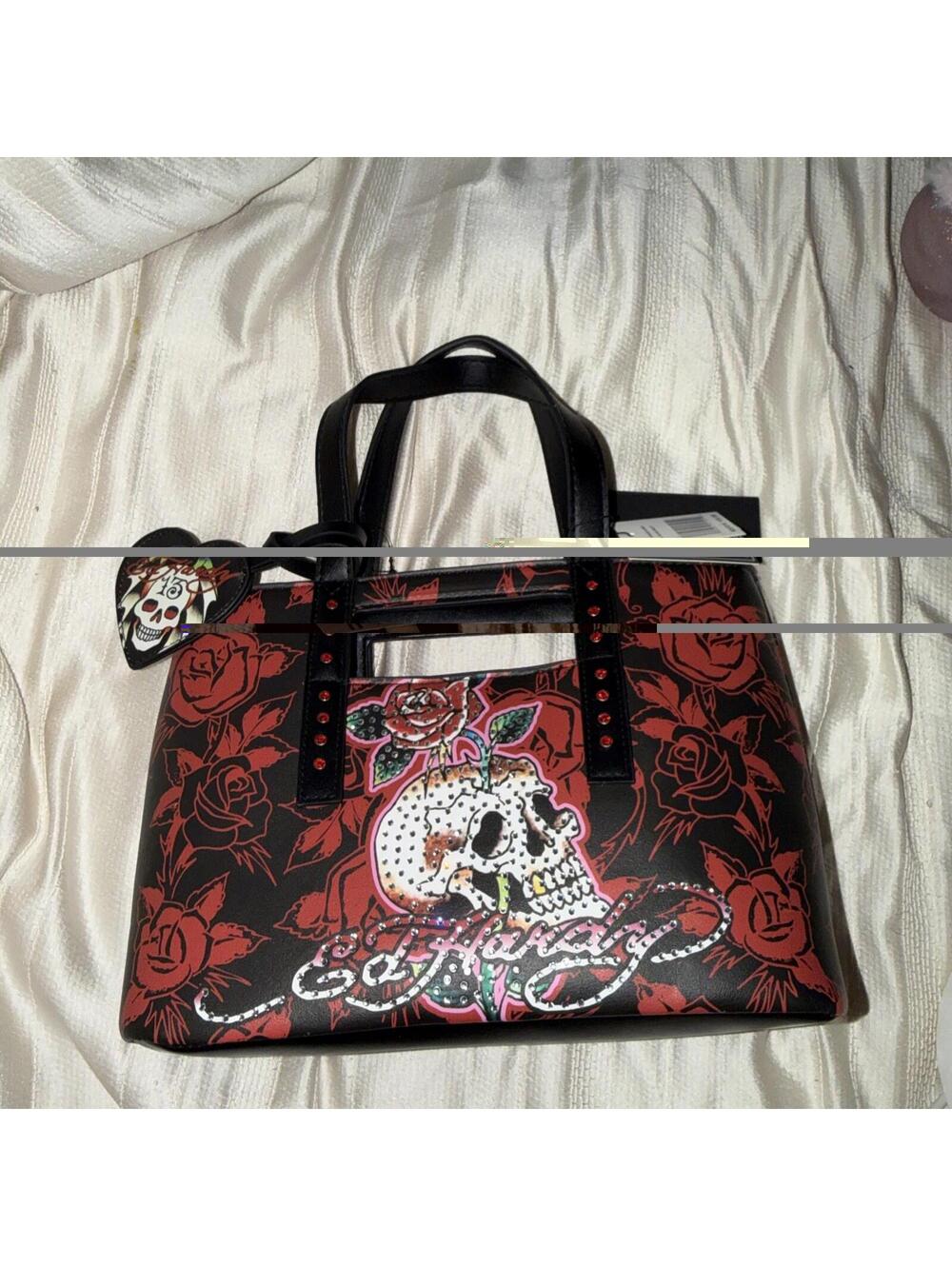 Ed Hardy Red Black Tote Bag with Skull, Rose, Rhinestone, Studded Accents
